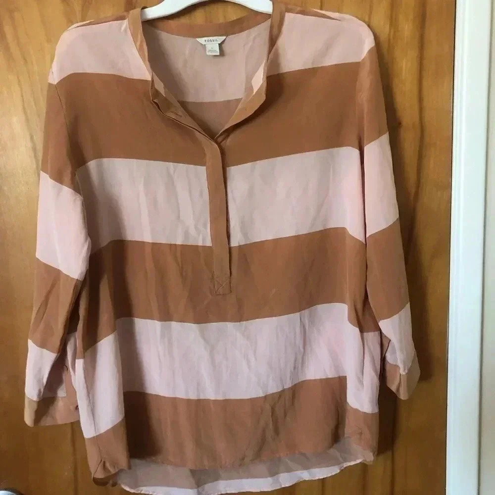 Fossil neutral striped Crew Neck silk  Blouse classic preppy timeless Old Money - Picture 12 of 15